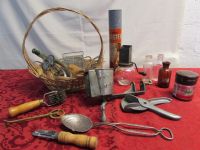 BASKET FULL OF AWESOME VINTAGE KITCHEN GADGETS - EGG BEATER, GRATERS, PASTRY TOOLS & MORE