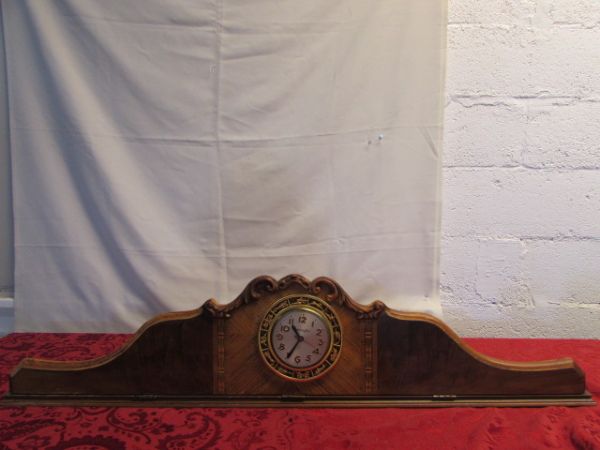 BEAUTIFUL ANTIQUE WOODEN ZODIAC MANTLE CLOCK WITH INLAID WOOD EMBELLISHMENTS