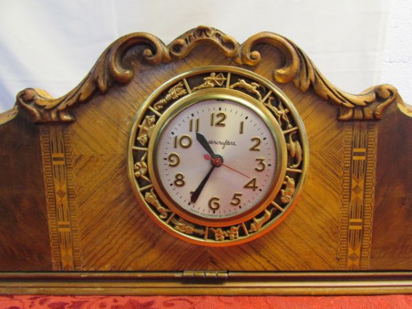 BEAUTIFUL ANTIQUE WOODEN ZODIAC MANTLE CLOCK WITH INLAID WOOD EMBELLISHMENTS