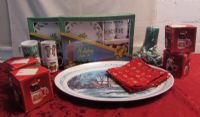 VERY MERRY ENTERTAINING!  2 NEVER USED HOLIDAY BUFFET SETS, PLATTER, HOLIDAY MUGS & MORE
