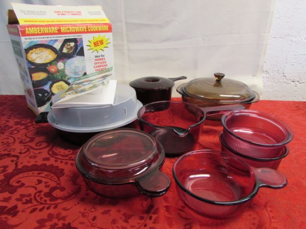 NOW YOU'RE COOKIN'!  CORNING VISION WARE, PYREX LIDDED DISH AND AMBERWARE MICROWAVE COOKWARE