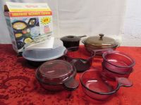 NOW YOURE COOKIN!  CORNING VISION WARE, PYREX LIDDED DISH AND AMBERWARE MICROWAVE COOKWARE