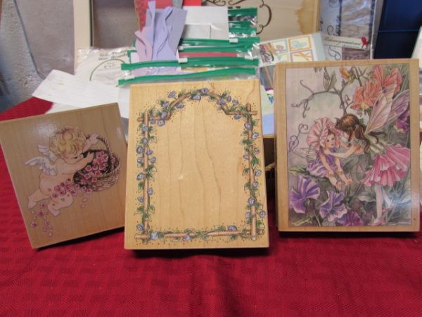 A TON OF NICE SCRAP BOOKING SUPPLIES WITH STAMPS, BORDERS CARD STOCK, MATS & BASKETS