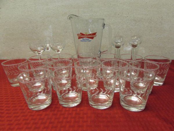 GLASS BAR WARE, ETCHED GLASSES, BUDWEISER PITCHER & MORE