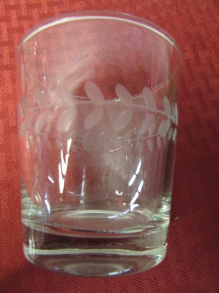 GLASS BAR WARE, ETCHED GLASSES, BUDWEISER PITCHER & MORE