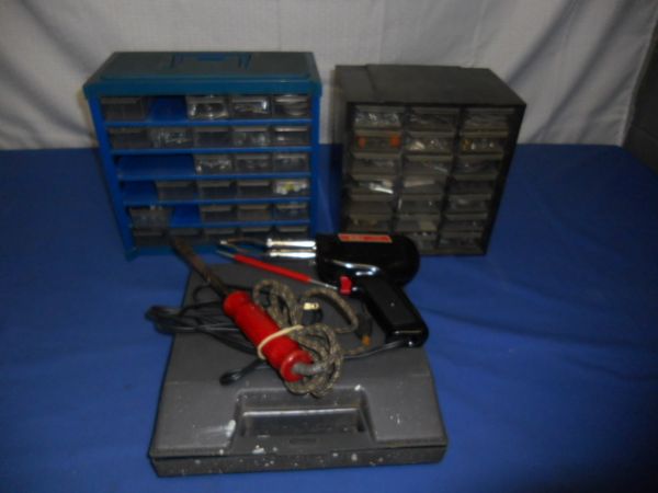 TWO GREAT STORAGE CONTAINERS AND SOLDERING IRONS