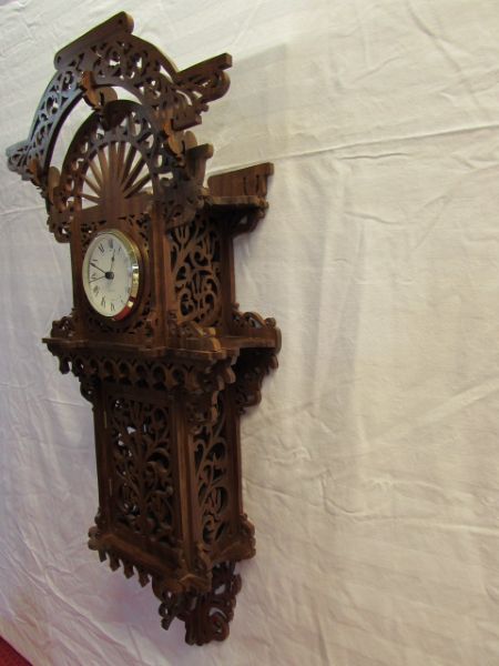 BEAUTIFUL ORNATELY CARVED WOOD WALL CLOCK WITH QUARTZ MOVEMENT