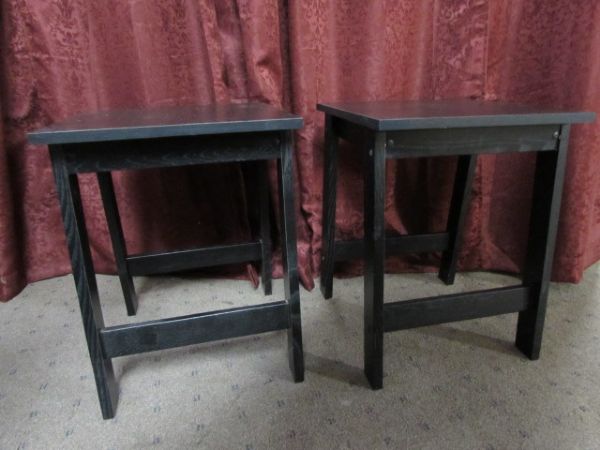 TWO SLEEK MATCHING BLACK SIDE TABLES 
