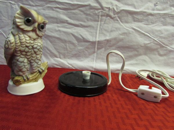 GIVE A HOOT!  BRINN'S PORCELAIN OWL LAMP & OWL WALL ART