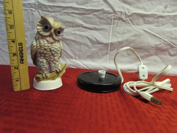 GIVE A HOOT!  BRINN'S PORCELAIN OWL LAMP & OWL WALL ART
