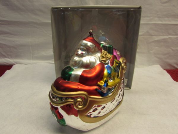 LIMITED PRODUCTION HANDPAINTED MERCURY GLASS SANTA IN SLEIGH ORNAMENT