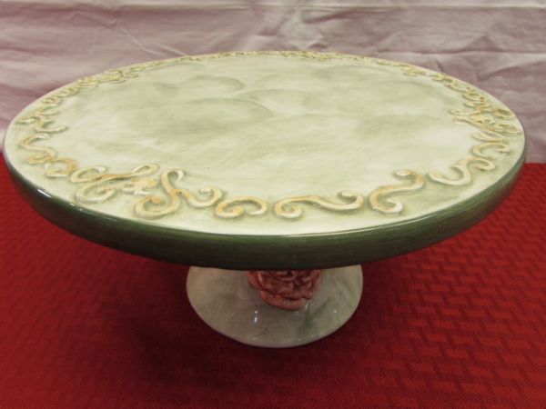 BAKERS DELIGHT!  CERAMIC ROSE EMBOSSED PEDESTAL CAKE STAND, MARBLE ROLLING PIN & TWO FLORAL DESIGN TRIVETS