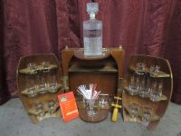 WOODEN HALF BARREL BAR WITH BAR GLASSES AND MORE
