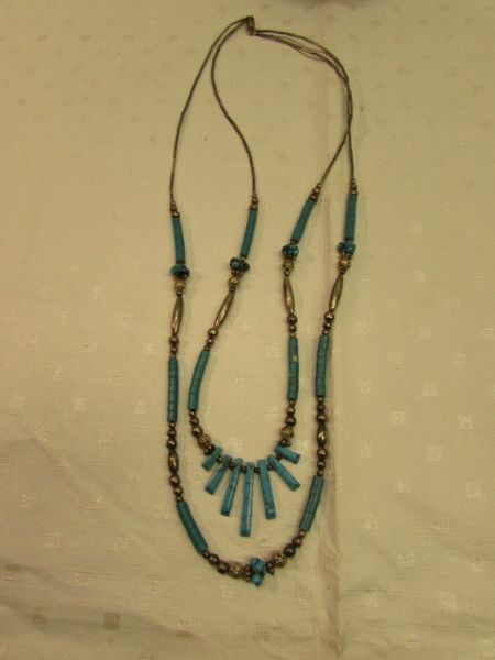 TURQUOISE & SILVER NECKLACE WITH HANDMADE POTTERY BOWL