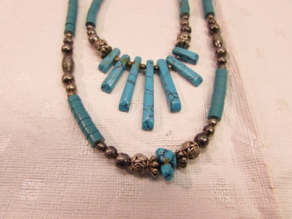 TURQUOISE & SILVER NECKLACE WITH HANDMADE POTTERY BOWL