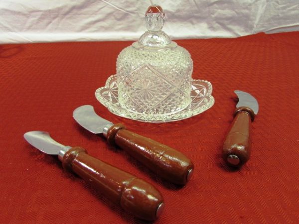 VINTAGE SILVER PLATE  SERVERS, DEPRESSION GLASS SALAD BOWL, CUT GLASS CHEESE SERVER & MORE