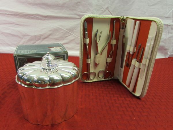 BEAUTIFUL VINTAGE SILVER PLATED JEWELRY BOX & NEVER USED 12 PIECE MANICURE SET IN LEATHER CASE