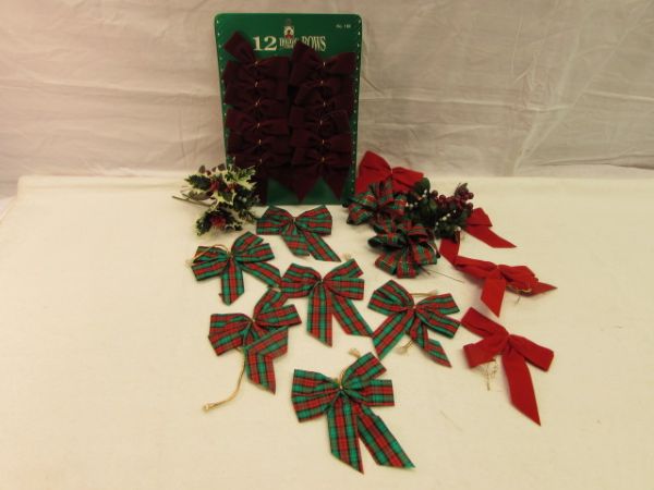 HOLIDAY DECORATIONS!  PORCELAIN FIGURINES, COLLECTIBLE SHELF SITTER, BRASS BOWL, APRON & VELVET BOWS - SMALL & LARGE!