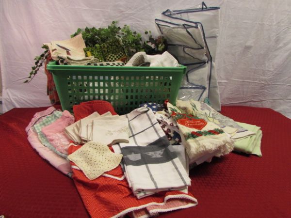A BASKET OVERFLOWING WITH DISH TOWELS FOR EVERY SEASON, APRONS, VINTAGE NAPKINS, COZY THROW BLANKETS, HANGING SHOE STORAGE & MORE!