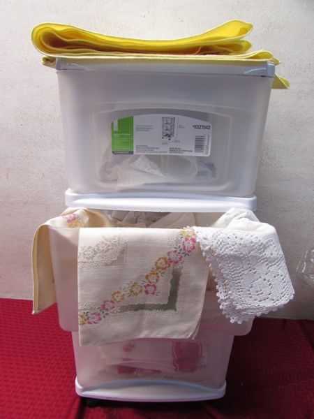 THREE DRAWER PLASTIC STORAGE UNIT FILLED WITH VINTAGE LINENS