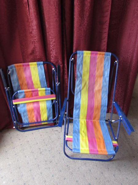 TWO STEEL FRAME FOLDING BEACH/LAWN CHAIRS