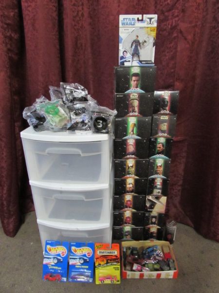  STAR WARS  GIFT TOYS COLLECTION,  HOT WHEELS CARS & A HANDY 3 DRAWER PLASTIC STORAGE UNIT