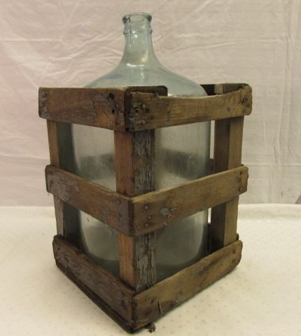 VINTAGE GLASS CARBOY (5 GALLON WATER JUG)  IN RUSTIC CRATE 
