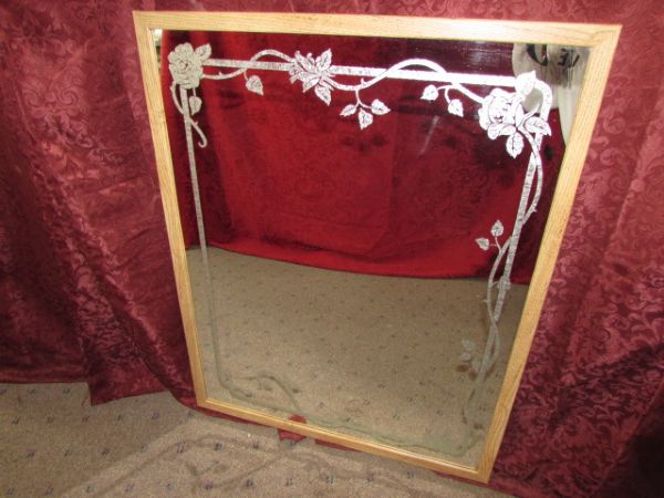 TWO LARGE MIRRORS WITH PRETTY ETCHED FLORAL & BUTTERFLY DESIGN