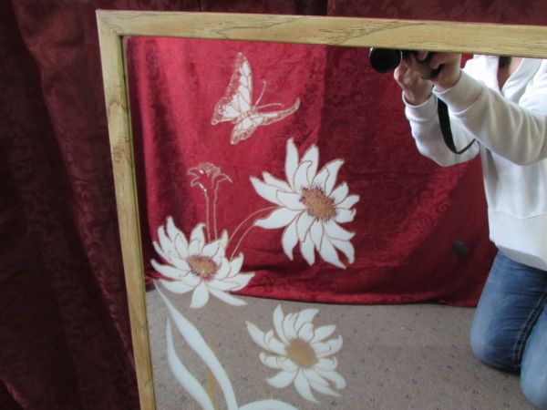 TWO LARGE MIRRORS WITH PRETTY ETCHED FLORAL & BUTTERFLY DESIGN