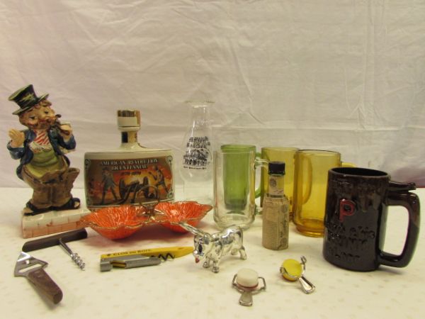 VINTAGE BAR DÉCOR - EARLY TIMES COMMEMORATIVE DECANTER, SHIELDS 5TH AVENUE HOBO CADDY,  & MORE