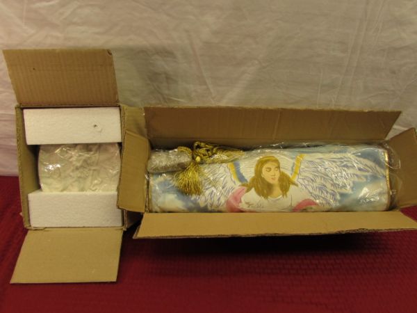 LIGHTED ANGEL WALL HANGING & BISQUE ANGEL PLAQUE - BOTH NEW IN BOX
