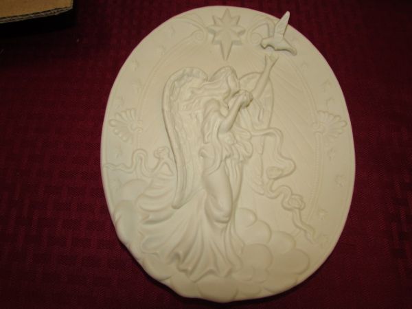 LIGHTED ANGEL WALL HANGING & BISQUE ANGEL PLAQUE - BOTH NEW IN BOX