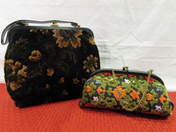 TWO CLASSY VINTAGE CARPET BAG STYLE PURSES - ONE LARGE, ONE CLUTCH