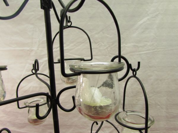 ELEGANT WROUGHT IRON WITH GLASS TEA LIGHT STAND - NEVER USED.