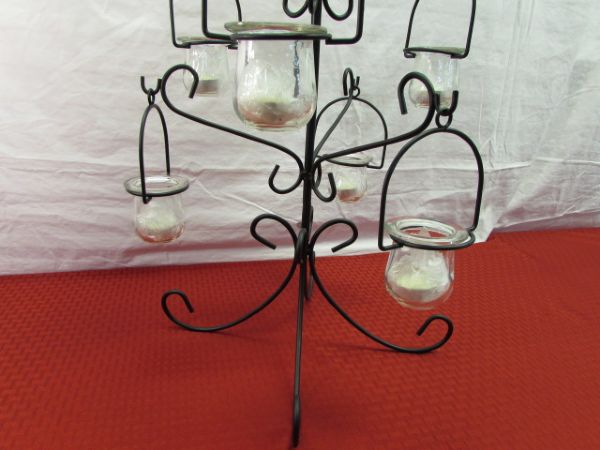 ELEGANT WROUGHT IRON WITH GLASS TEA LIGHT STAND - NEVER USED.