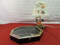PRETTY PORCELAIN ROSE & BUTTERFLY TABLE LAMP & MIRRORED JEWELRY DISPLAY BOX