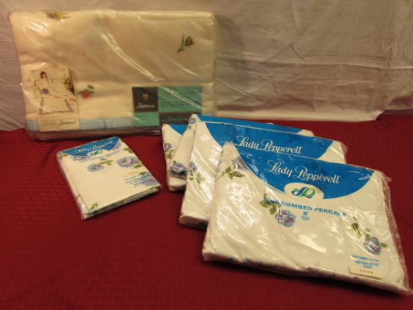 NEVER OPENED TWIN SIZE SHEETS (TWO SETS), PILLOW CASES & BLANKET