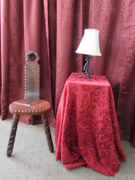 UNIQUE, VINTAGE/ANTIQUE CARVED WOOD SWISS STYLE CHAIR & A BEDSIDE LAMP