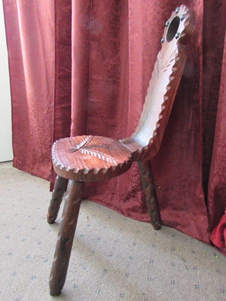 UNIQUE, VINTAGE/ANTIQUE CARVED WOOD SWISS STYLE CHAIR & A BEDSIDE LAMP