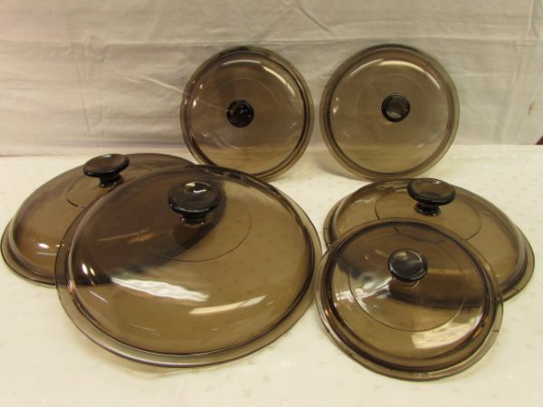 SIX PYREX AMBER WARE REPLACEMENT LIDS