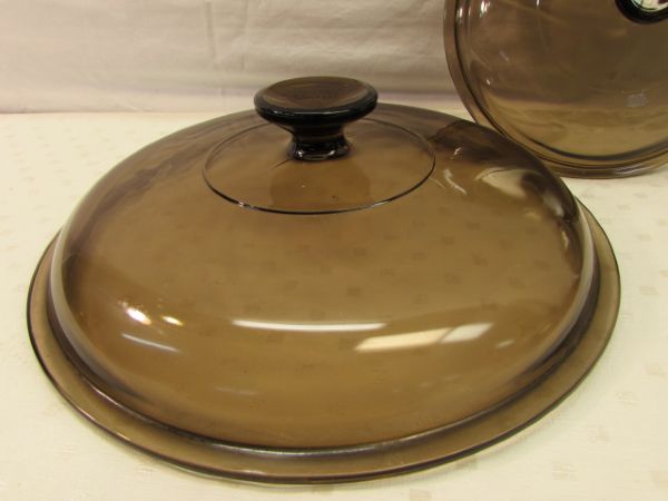 SIX PYREX AMBER WARE REPLACEMENT LIDS