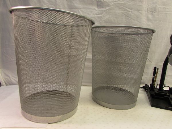 OFFICE SUPPLIES - TWO METAL WASTE BASKETS, LAMP WITH ORGANIZER & MORE