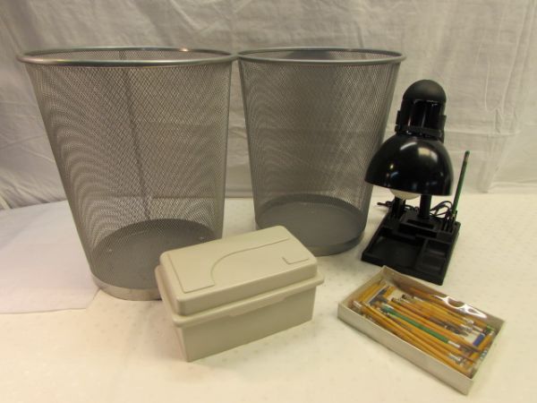 OFFICE SUPPLIES - TWO METAL WASTE BASKETS, LAMP WITH ORGANIZER & MORE