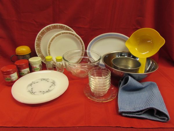 PYREX DISHES, TUPPERWARE STRAINER, GLASS & METAL MIXING BOWLS, SHAKERS & MORE