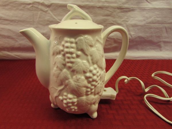 TEA TIME!  TWO DECORATIVE COLLECTIBLE TEAPOTS NEW IN BOX, CUPS & SAUCERS & MORE