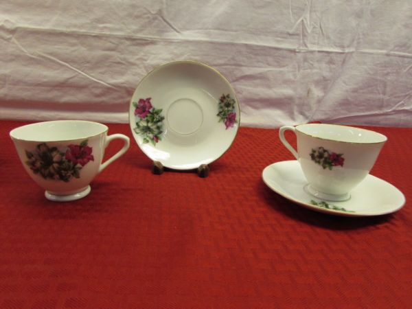 TEA TIME!  TWO DECORATIVE COLLECTIBLE TEAPOTS NEW IN BOX, CUPS & SAUCERS & MORE
