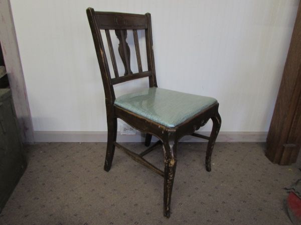 ANTIQUE CARVED WOOD CHAIR WITH UPHOLSTERED SEAT