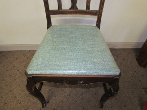ANTIQUE CARVED WOOD CHAIR WITH UPHOLSTERED SEAT
