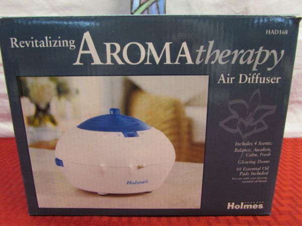 NEW IN BOX AROMATHERAPY AIR DIFFUSER & TIFFANY STYLE STAINED GLASS CROSS