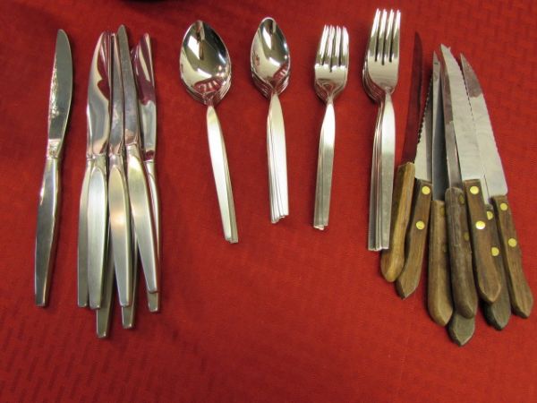 QUALITY ONIEDA FLATWARE, SS TEA KETTLE, CRYSTAL CANDY DISH, STEAK KNIVES & MORE!